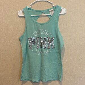 Victoria’s Secret PINK S Teal Tank Top with Silver Sequin Logo